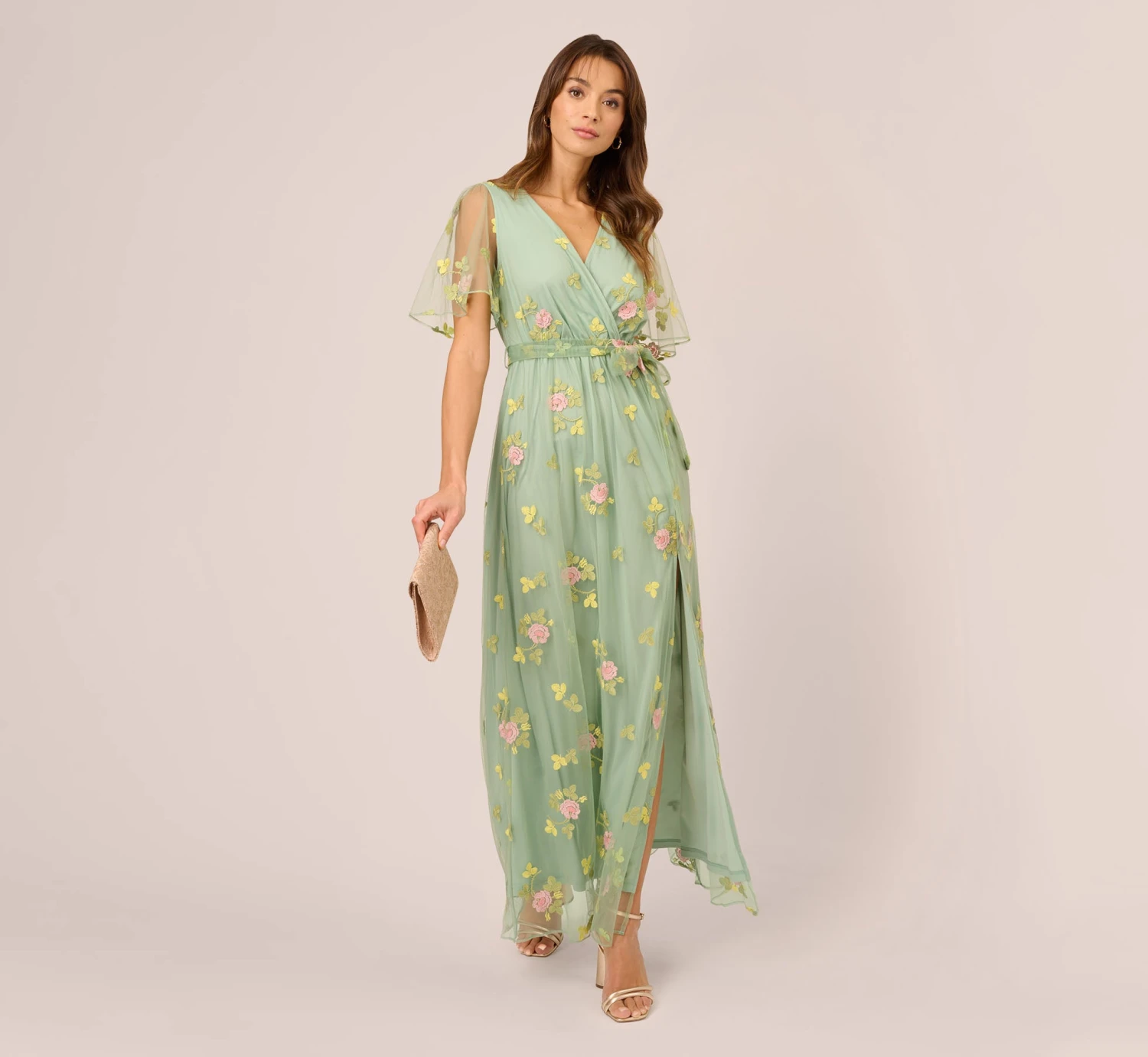 Adrianna Papell Floral Embroidered Maxi Dress With Sheer Flutter Sleeves In Sage Multi 2 Adrianna Papell Floral Embroidered Maxi Dress With Sheer Flutter Sleeves In Sage Multi - Image 2