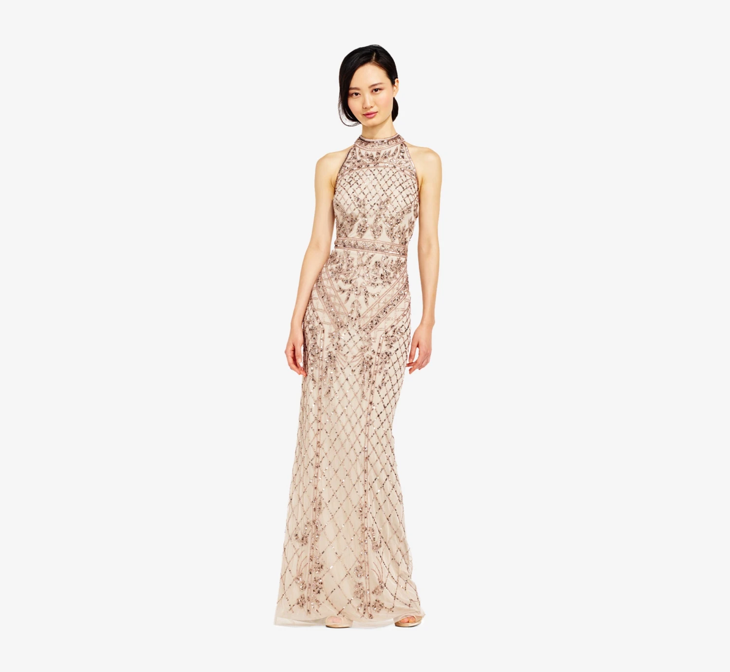 Adrianna Papell Mock Neck Beaded Column Dress With T-Back In Biscotti 3 Adrianna Papell Mock Neck Beaded Column Dress With T-Back In Biscotti - Image 3