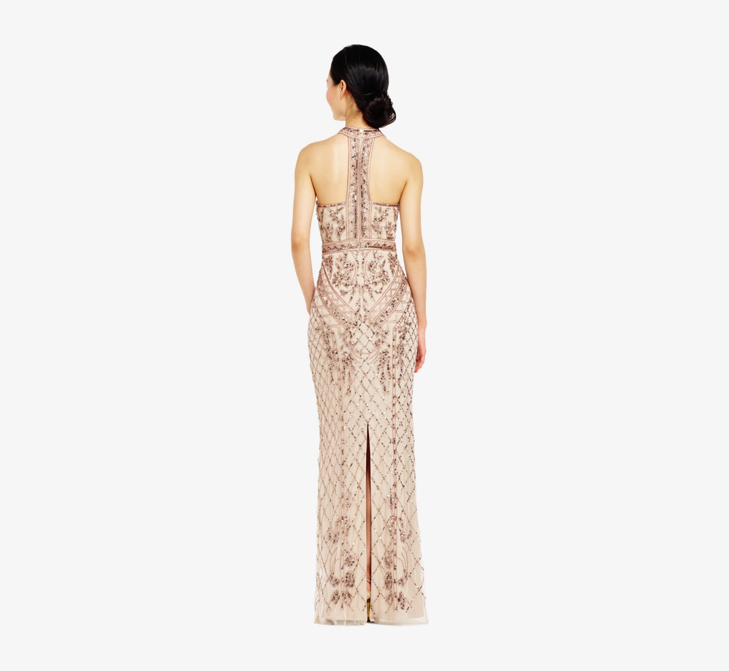 Adrianna Papell Mock Neck Beaded Column Dress With T-Back In Biscotti 2 Adrianna Papell Mock Neck Beaded Column Dress With T-Back In Biscotti - Image 2