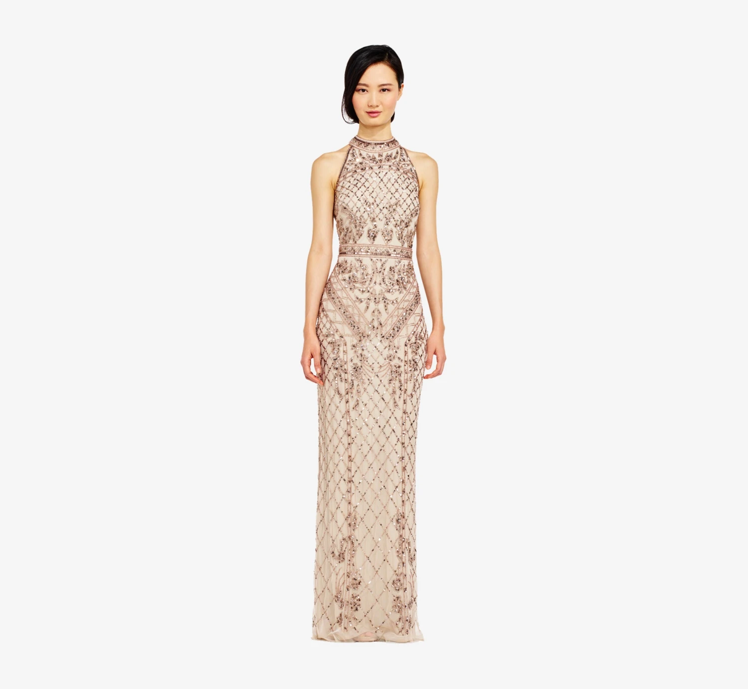 Adrianna Papell Mock Neck Beaded Column Dress With T-Back In Biscotti 1 Adrianna Papell Mock Neck Beaded Column Dress With T-Back In Biscotti