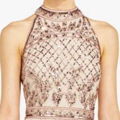 Adrianna Papell Mock Neck Beaded Column Dress With T-Back In Biscotti 7 Adrianna Papell Mock Neck Beaded Column Dress With T-Back In Biscotti -Glam Mirth Sales AP1E201469 AG273 Regular Detail