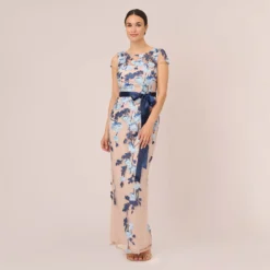 Adrianna Papell Short Sleeve Floral Embroidered Gown With Ribbon Tie Waist In Midnight Multi Nude