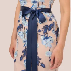 Adrianna Papell Short Sleeve Floral Embroidered Gown With Ribbon Tie Waist In Midnight Multi Nude -Glam Mirth Sales AP1E201621 BV980 Regular Detail