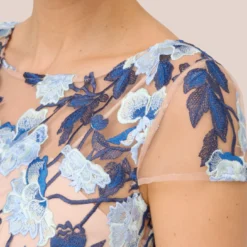 Adrianna Papell Short Sleeve Floral Embroidered Gown With Ribbon Tie Waist In Midnight Multi Nude -Glam Mirth Sales AP1E201621 BV980 Regular Lifestyle