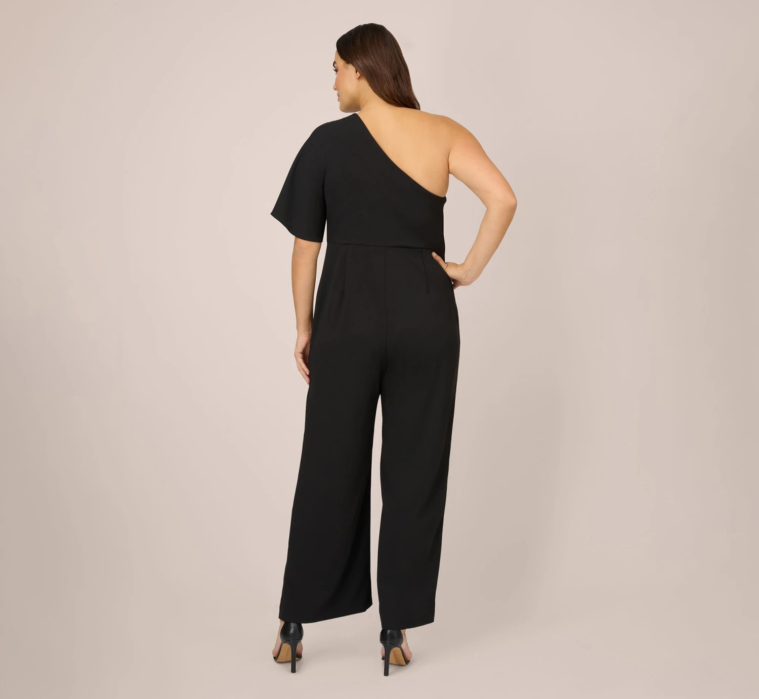 Adrianna Papell Plus Size Flutter One Shoulder Jumpsuit In Black 2 Adrianna Papell Plus Size Flutter One Shoulder Jumpsuit In Black - Image 2