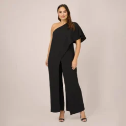Adrianna Papell Plus Size Flutter One Shoulder Jumpsuit In Black