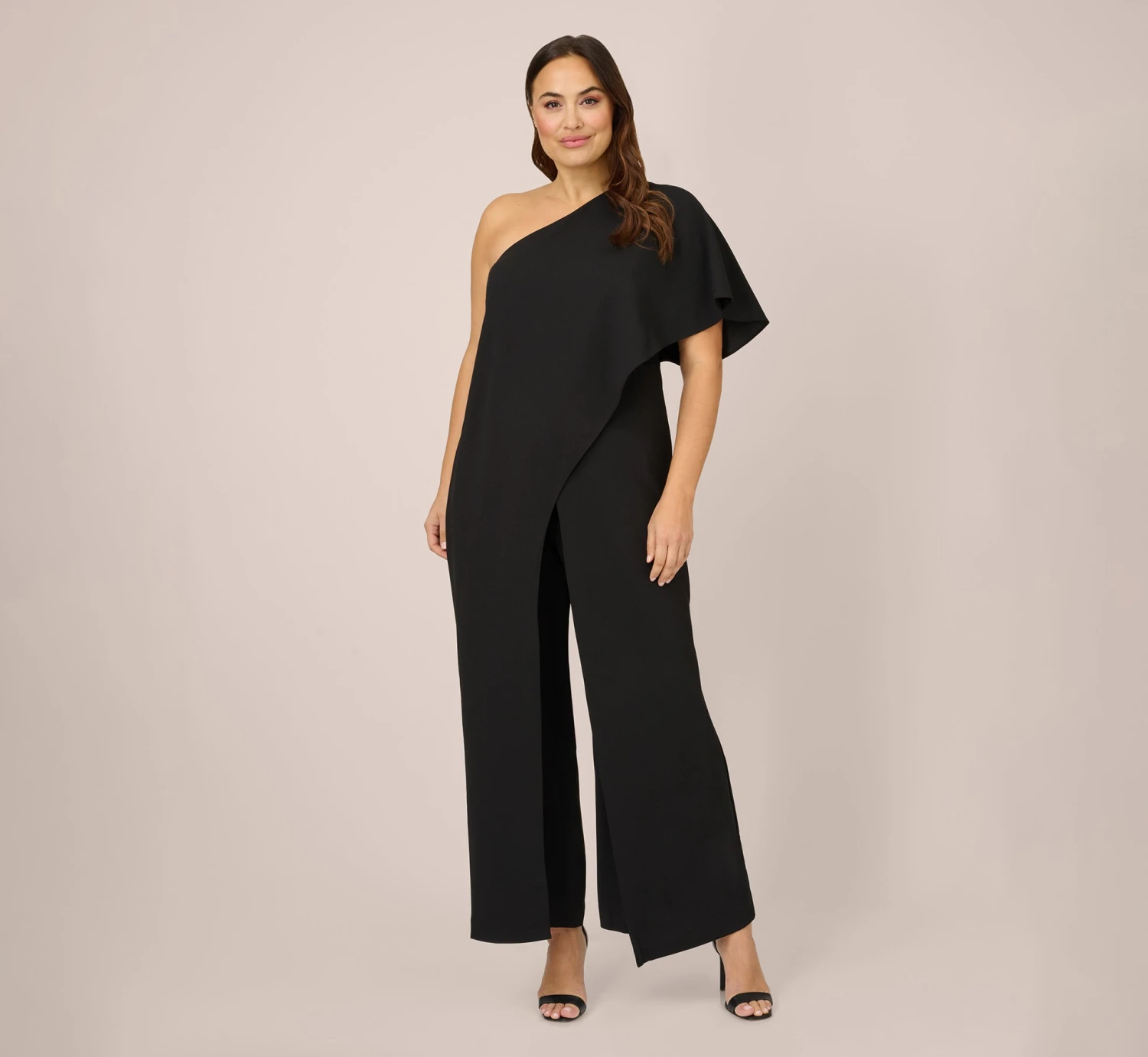 Adrianna Papell Plus Size Flutter One Shoulder Jumpsuit In Black 1 Adrianna Papell Plus Size Flutter One Shoulder Jumpsuit In Black