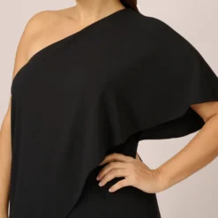 Adrianna Papell Plus Size Flutter One Shoulder Jumpsuit In Black 5 Adrianna Papell Plus Size Flutter One Shoulder Jumpsuit In Black -Glam Mirth Sales AP1E201788 AA002 Plus Detail