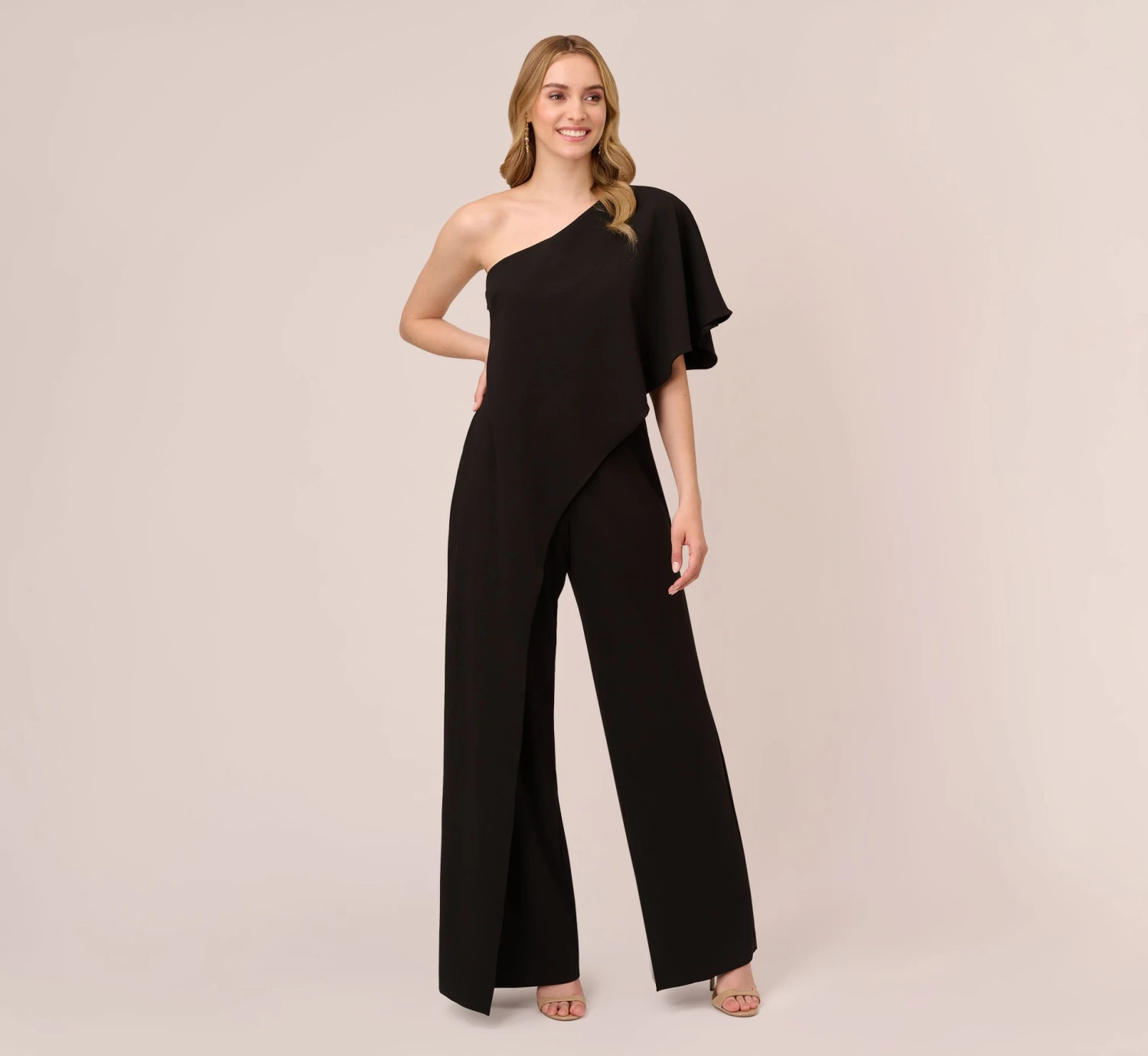 Adrianna Papell Flutter One Shoulder Jumpsuit In Black 1 Adrianna Papell Flutter One Shoulder Jumpsuit In Black