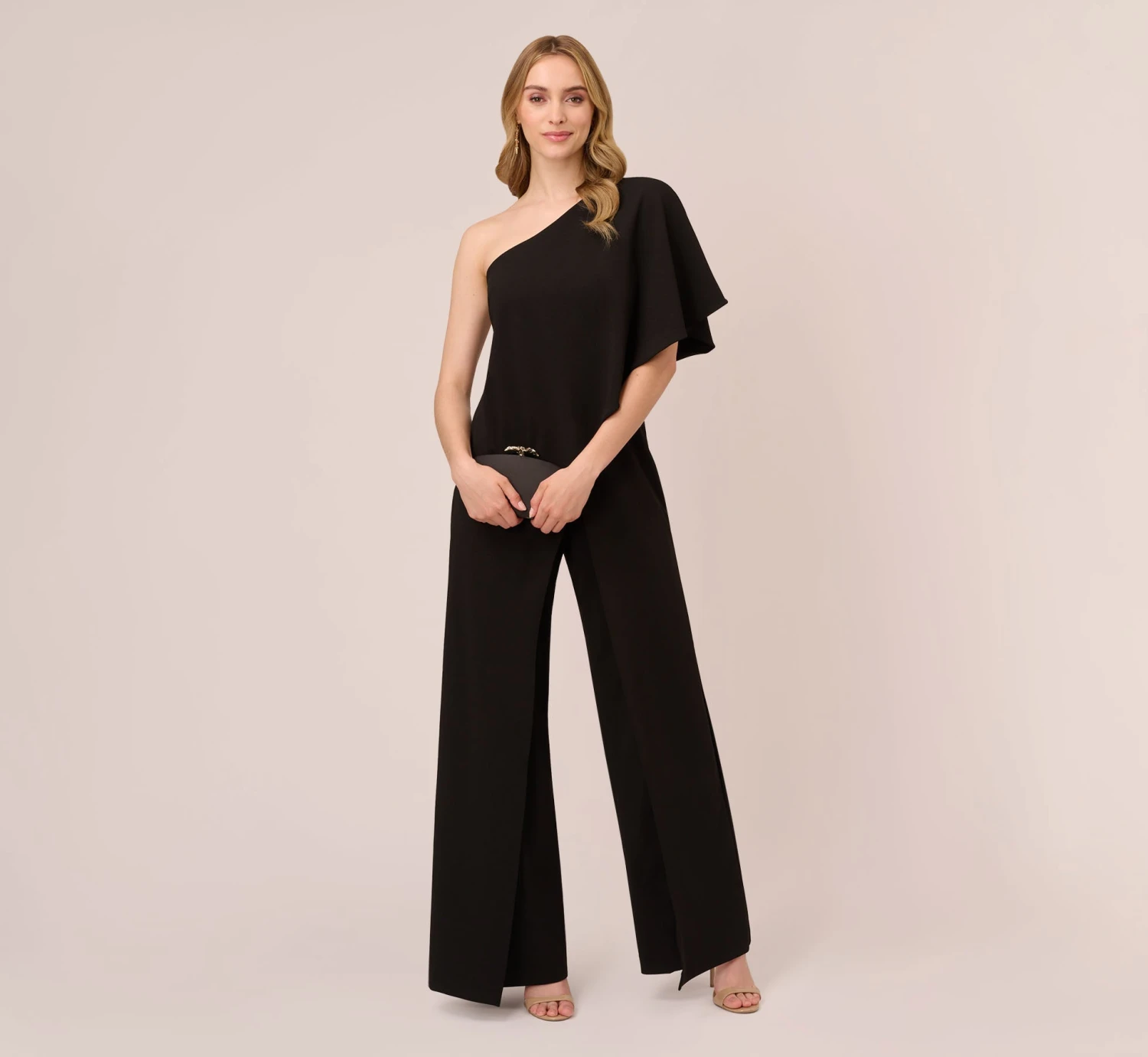 Adrianna Papell Flutter One Shoulder Jumpsuit In Black 2 Adrianna Papell Flutter One Shoulder Jumpsuit In Black - Image 2