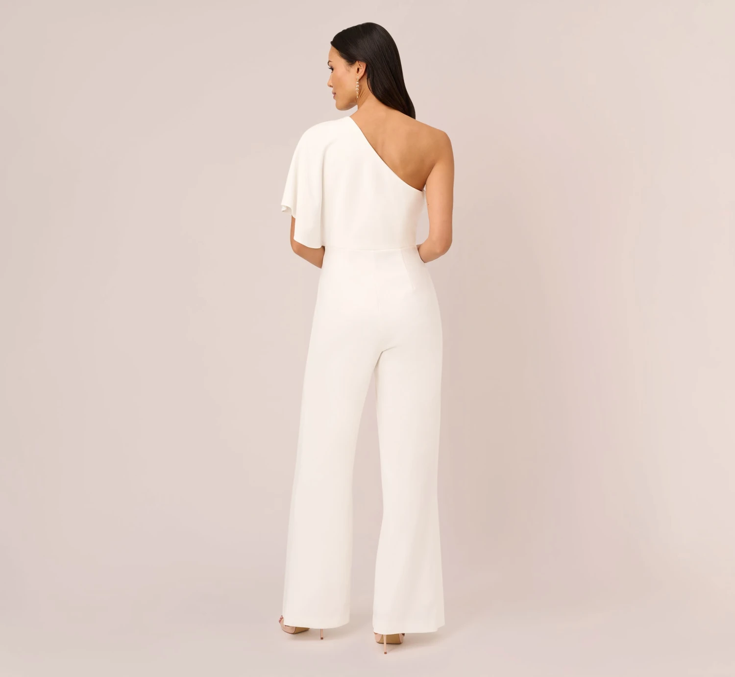 Adrianna Papell Flutter One Shoulder Jumpsuit In Ivory 4 Adrianna Papell Flutter One Shoulder Jumpsuit In Ivory - Image 4