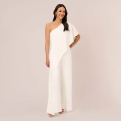 Adrianna Papell Flutter One Shoulder Jumpsuit In Ivory