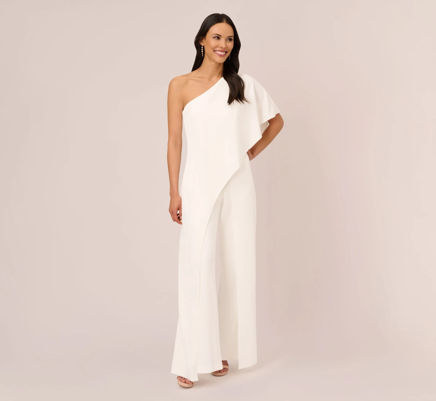 Adrianna Papell Flutter One Shoulder Jumpsuit In Ivory 1 Adrianna Papell Flutter One Shoulder Jumpsuit In Ivory