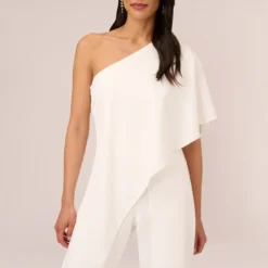 Adrianna Papell Flutter One Shoulder Jumpsuit In Ivory 8 Adrianna Papell Flutter One Shoulder Jumpsuit In Ivory -Glam Mirth Sales AP1E201788 AA194 Regular Detail