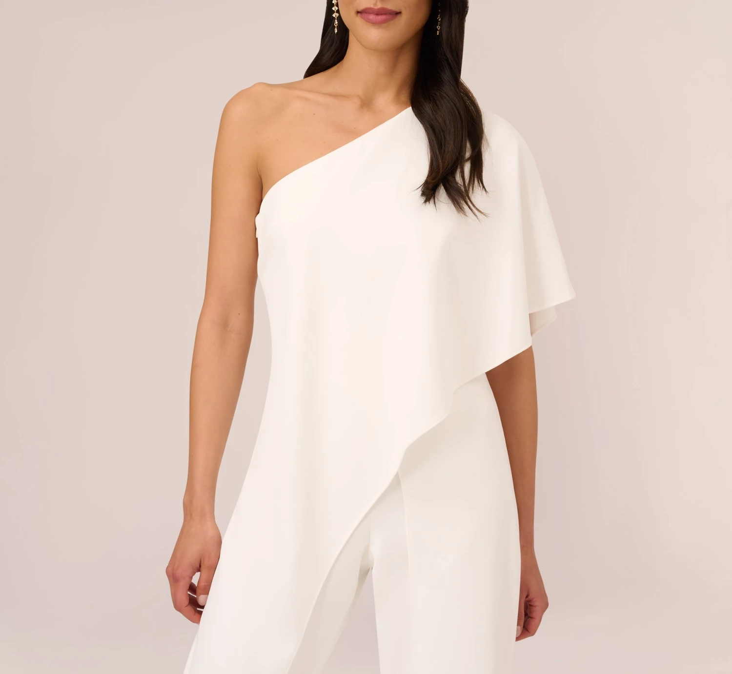 Adrianna Papell Flutter One Shoulder Jumpsuit In Ivory 3 Adrianna Papell Flutter One Shoulder Jumpsuit In Ivory - Image 3