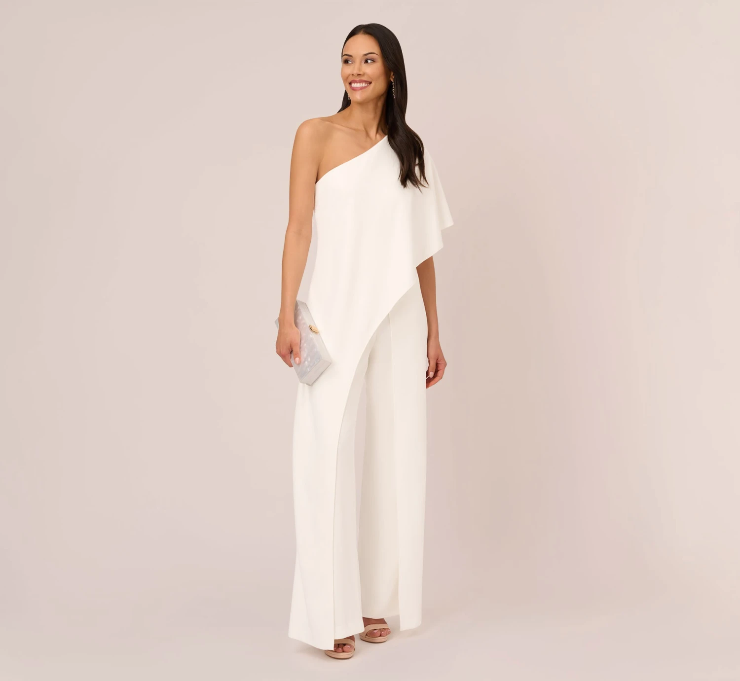 Adrianna Papell Flutter One Shoulder Jumpsuit In Ivory 2 Adrianna Papell Flutter One Shoulder Jumpsuit In Ivory - Image 2