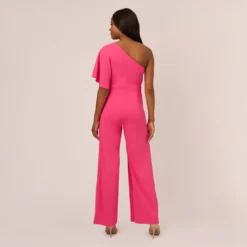 Adrianna Papell Flutter One Shoulder Jumpsuit In Watermelon Bliss 8 Adrianna Papell Flutter One Shoulder Jumpsuit In Watermelon Bliss -Glam Mirth Sales AP1E201788 AH660 Regular Back