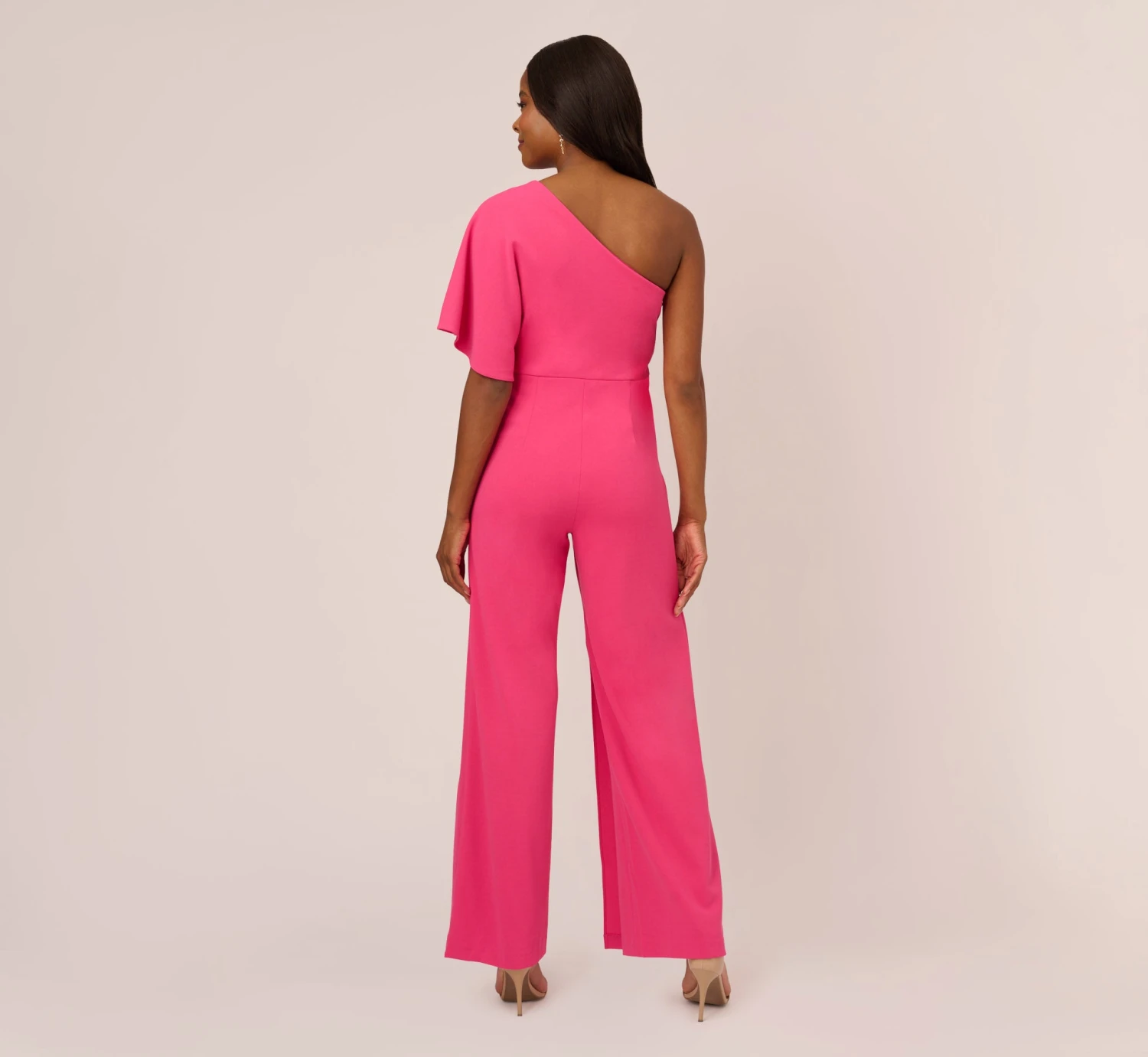 Adrianna Papell Flutter One Shoulder Jumpsuit In Watermelon Bliss 3 Adrianna Papell Flutter One Shoulder Jumpsuit In Watermelon Bliss - Image 3