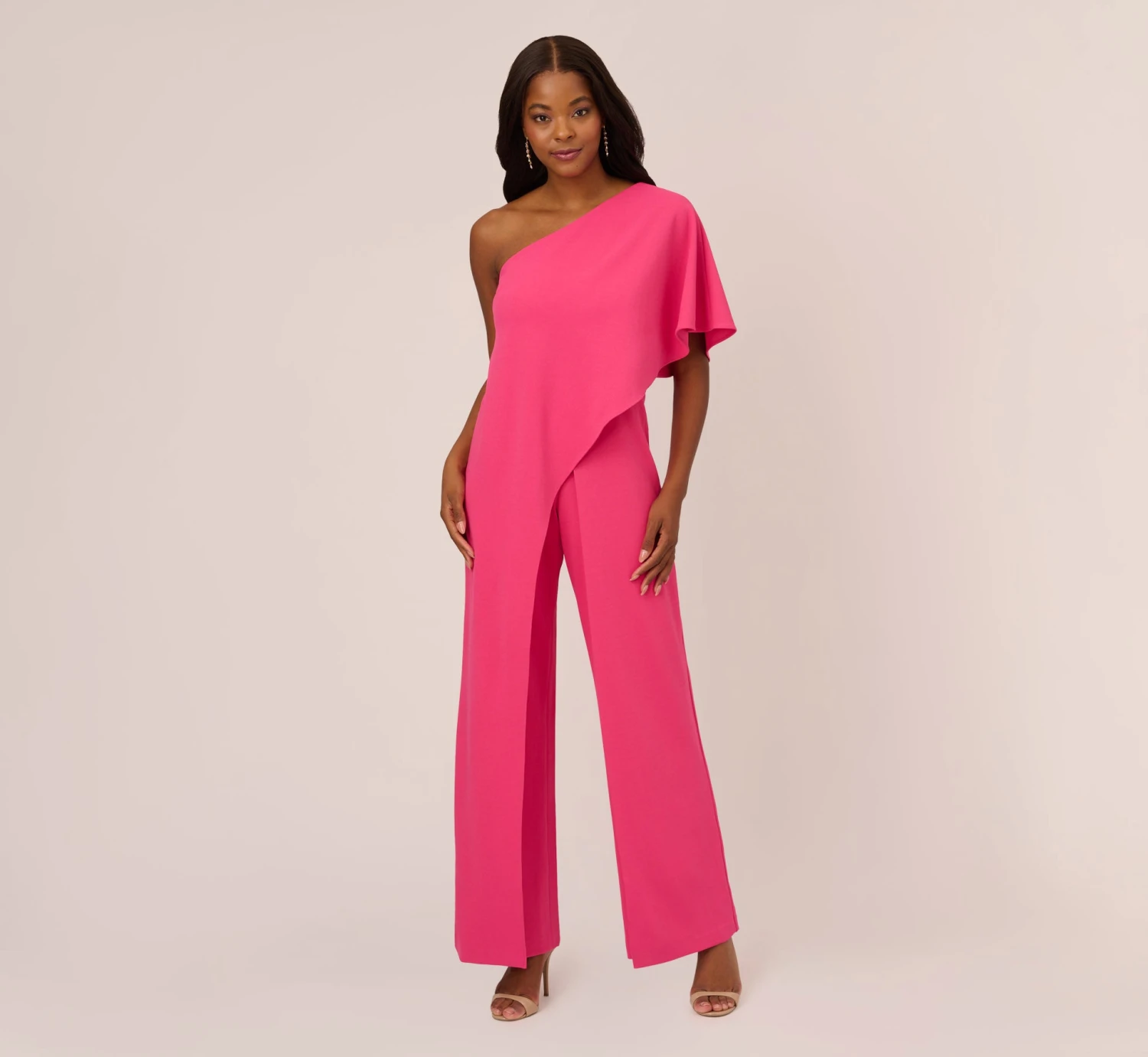 Adrianna Papell Flutter One Shoulder Jumpsuit In Watermelon Bliss 1 Adrianna Papell Flutter One Shoulder Jumpsuit In Watermelon Bliss