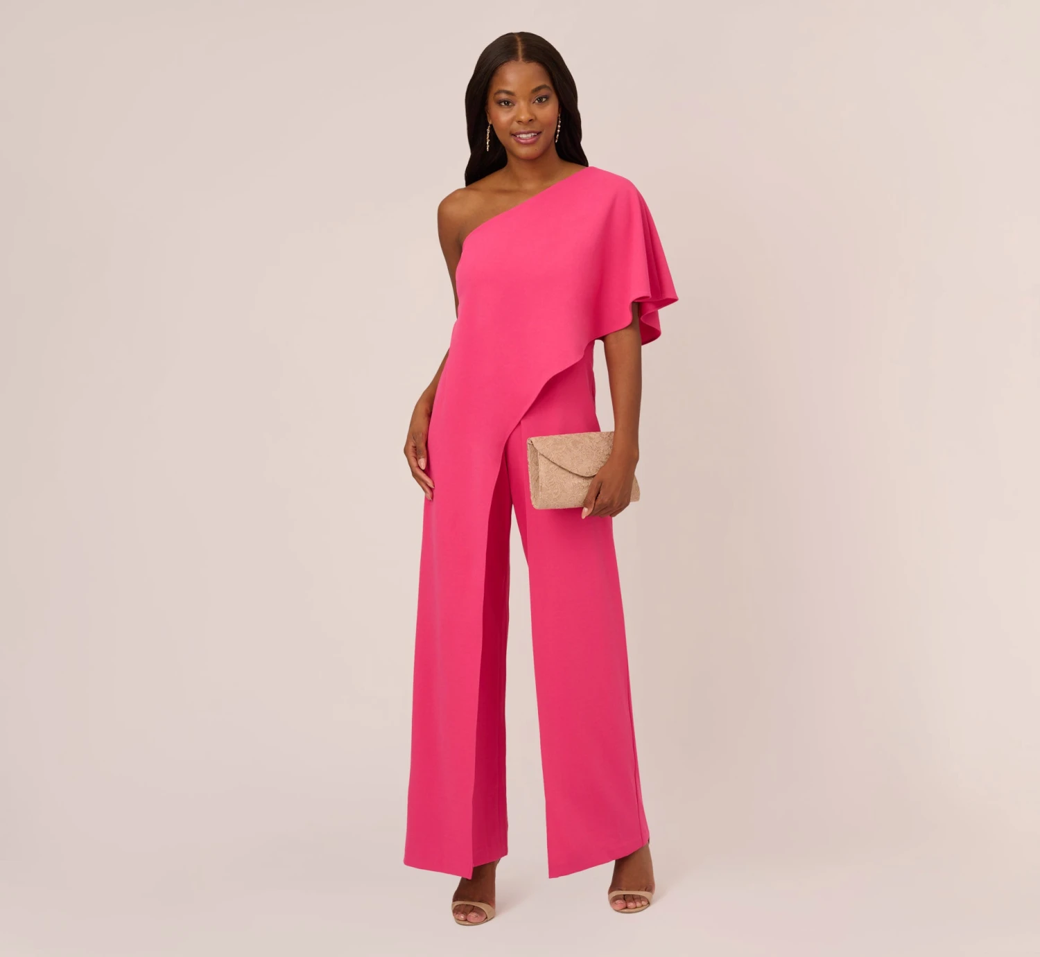 Adrianna Papell Flutter One Shoulder Jumpsuit In Watermelon Bliss 2 Adrianna Papell Flutter One Shoulder Jumpsuit In Watermelon Bliss - Image 2