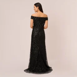 Adrianna Papell Off The Shoulder Sequin Beaded Gown In Black 9 Adrianna Papell Off The Shoulder Sequin Beaded Gown In Black -Glam Mirth Sales AP1E201971 AA002 Regular Back