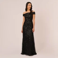 Adrianna Papell Off The Shoulder Sequin Beaded Gown In Black