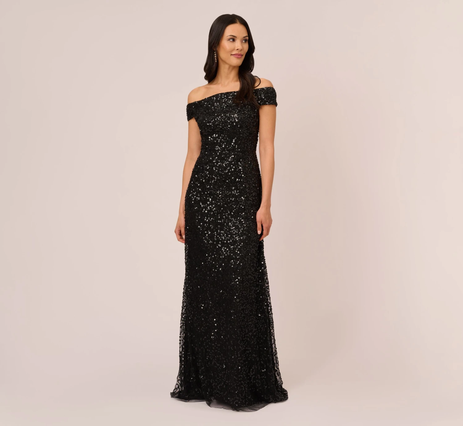 Adrianna Papell Off The Shoulder Sequin Beaded Gown In Black 1 Adrianna Papell Off The Shoulder Sequin Beaded Gown In Black