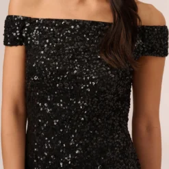 Adrianna Papell Off The Shoulder Sequin Beaded Gown In Black 8 Adrianna Papell Off The Shoulder Sequin Beaded Gown In Black -Glam Mirth Sales AP1E201971 AA002 Regular Detail