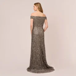 Adrianna Papell Off The Shoulder Sequin Beaded Gown In Lead 9 Adrianna Papell Off The Shoulder Sequin Beaded Gown In Lead -Glam Mirth Sales AP1E201971 AB241 Regular Back