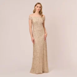 Adrianna Papell Off The Shoulder Sequin Beaded Gown In Champagne