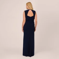 Adrianna Papell Plus Size Draped Jersey Gown With Open Back In Midnight -Glam Mirth Sales AP1E202255 AB411 Plus Back