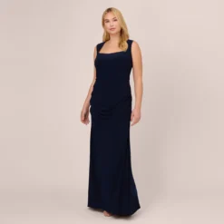 Adrianna Papell Plus Size Draped Jersey Gown With Open Back In Midnight
