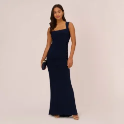 Adrianna Papell Draped Jersey Gown With Open Back In Midnight
