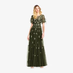 Adrianna Papell Floral Sequin Boho Gown With Lace Up Flutter Short Sleeves In Olive 6 Adrianna Papell Floral Sequin Boho Gown With Lace Up Flutter Short Sleeves In Olive -Glam Mirth Sales AP1E202943 AA371 Regular Alternate