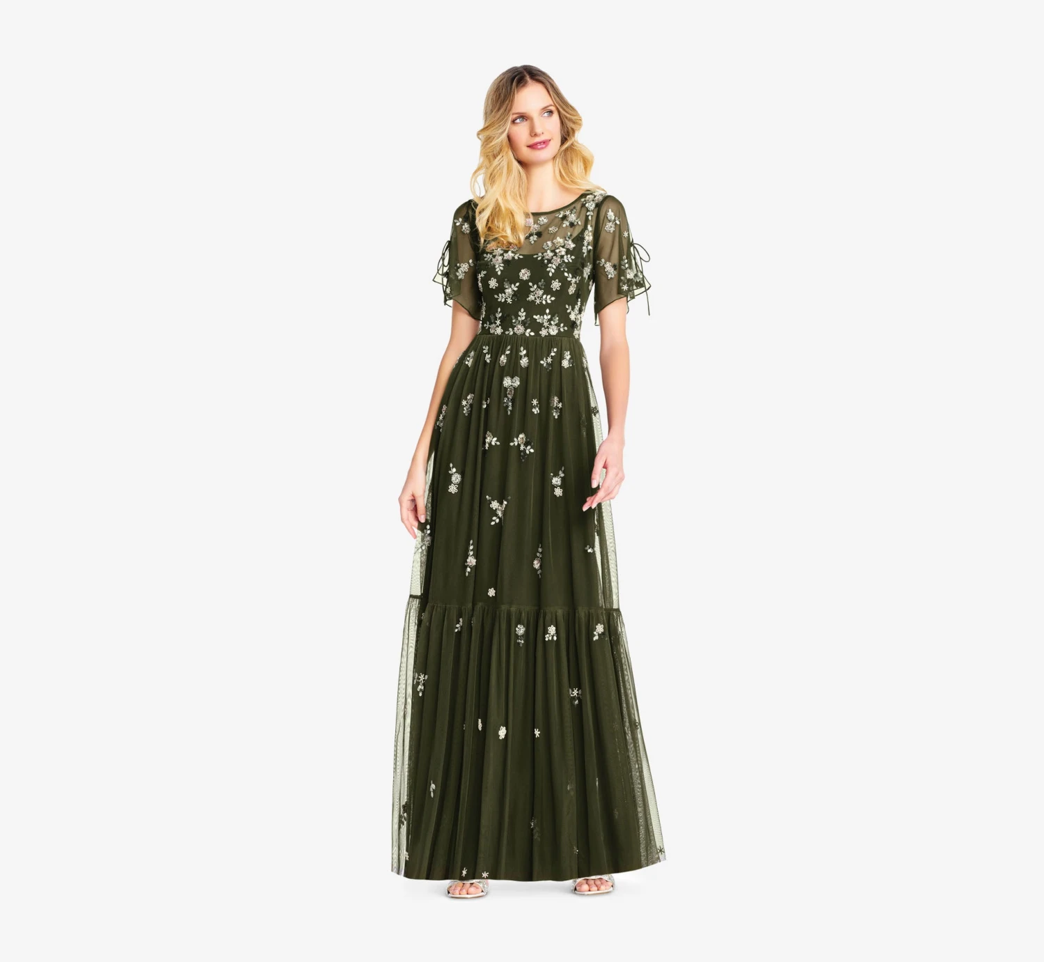 Adrianna Papell Floral Sequin Boho Gown With Lace Up Flutter Short Sleeves In Olive 3 Adrianna Papell Floral Sequin Boho Gown With Lace Up Flutter Short Sleeves In Olive - Image 3