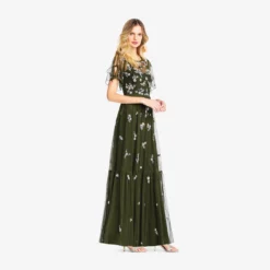 Adrianna Papell Floral Sequin Boho Gown With Lace Up Flutter Short Sleeves In Olive