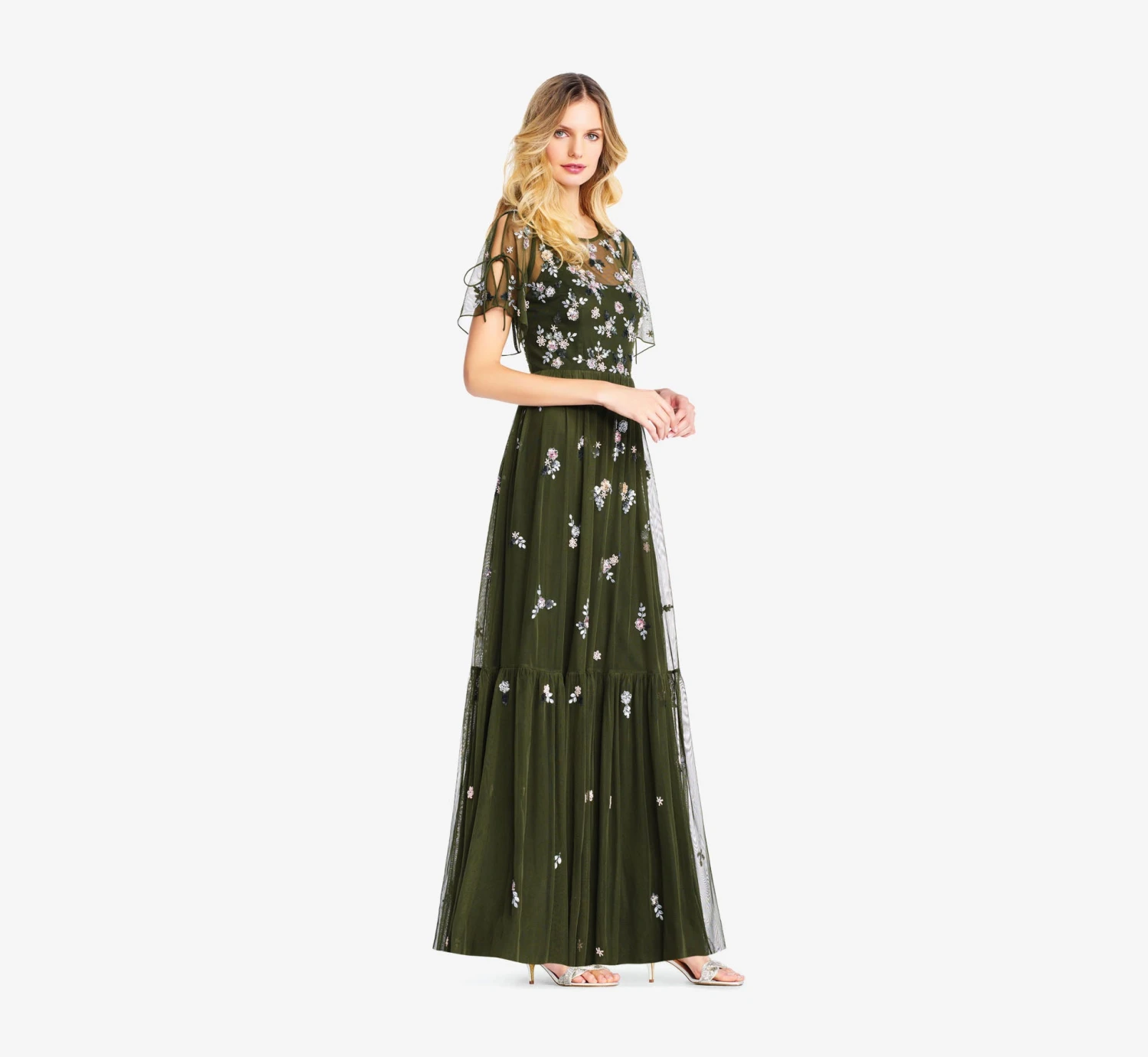 Adrianna Papell Floral Sequin Boho Gown With Lace Up Flutter Short Sleeves In Olive 1 Adrianna Papell Floral Sequin Boho Gown With Lace Up Flutter Short Sleeves In Olive