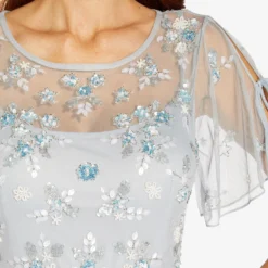 Adrianna Papell Floral Sequin Boho Gown With Lace Up Flutter Short Sleeves In Glacier -Glam Mirth Sales AP1E202943 AF482 Regular Detail