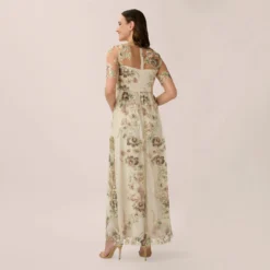 Adrianna Papell Sheer Short Sleeve Lace Gown With Rose Embroidery In Mink Multi -Glam Mirth Sales AP1E203576 AW920 Regular Back