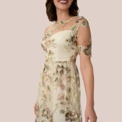 Adrianna Papell Sheer Short Sleeve Lace Gown With Rose Embroidery In Mink Multi -Glam Mirth Sales AP1E203576 AW920 Regular Detail