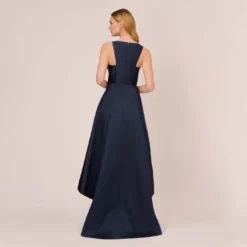 Adrianna Papell High Low Mikado Gown With Asymmetrical Detail In Midnight 9 Adrianna Papell High Low Mikado Gown With Asymmetrical Detail In Midnight -Glam Mirth Sales AP1E204122 AB411 Regular Back