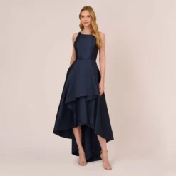 Adrianna Papell High Low Mikado Gown With Asymmetrical Detail In Midnight