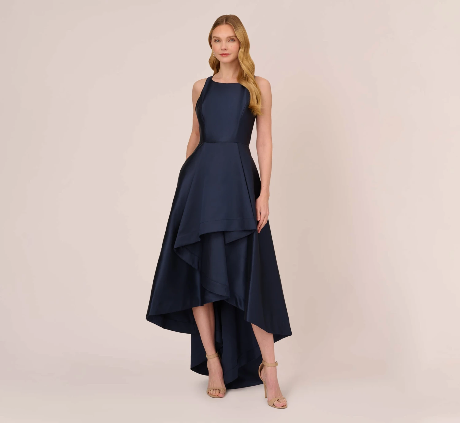 Adrianna Papell High Low Mikado Gown With Asymmetrical Detail In Midnight 1 Adrianna Papell High Low Mikado Gown With Asymmetrical Detail In Midnight