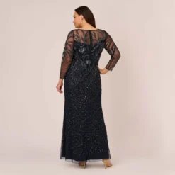 Adrianna Papell Plus Size Floral Beaded Dress With Sheer Long Sleeves In Midnight 8 Adrianna Papell Plus Size Floral Beaded Dress With Sheer Long Sleeves In Midnight -Glam Mirth Sales AP1E205390 AB411 Plus Back