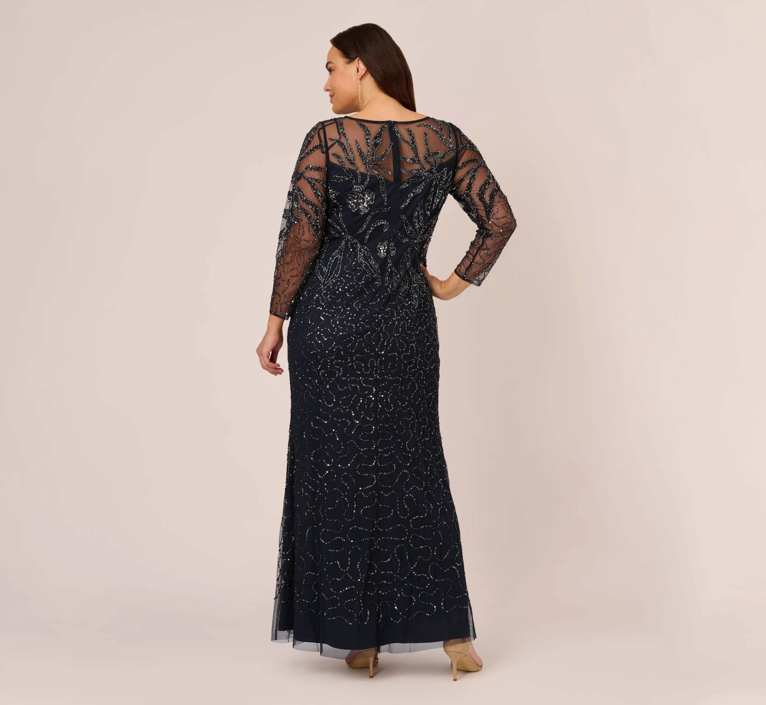 Adrianna Papell Plus Size Floral Beaded Dress With Sheer Long Sleeves In Midnight 3 Adrianna Papell Plus Size Floral Beaded Dress With Sheer Long Sleeves In Midnight - Image 3