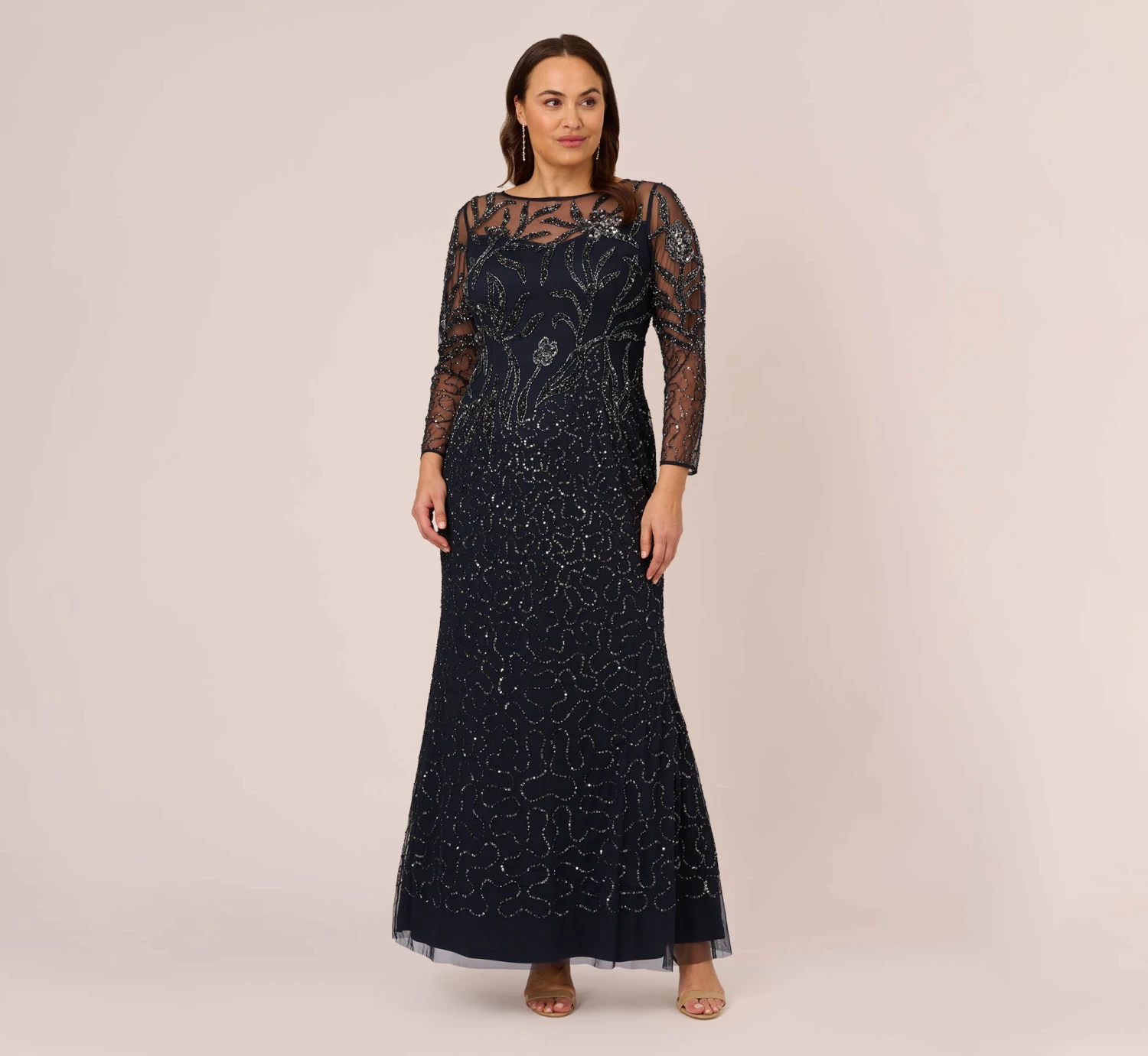 Adrianna Papell Plus Size Floral Beaded Dress With Sheer Long Sleeves In Midnight 1 Adrianna Papell Plus Size Floral Beaded Dress With Sheer Long Sleeves In Midnight