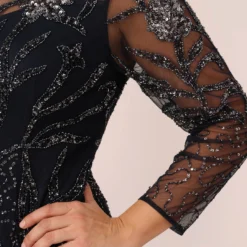 Adrianna Papell Plus Size Floral Beaded Dress With Sheer Long Sleeves In Midnight 9 Adrianna Papell Plus Size Floral Beaded Dress With Sheer Long Sleeves In Midnight -Glam Mirth Sales AP1E205390 AB411 Plus Detail