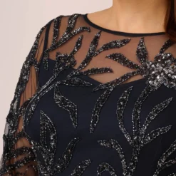 Adrianna Papell Plus Size Floral Beaded Dress With Sheer Long Sleeves In Midnight 10 Adrianna Papell Plus Size Floral Beaded Dress With Sheer Long Sleeves In Midnight -Glam Mirth Sales AP1E205390 AB411 Plus Lifestyle
