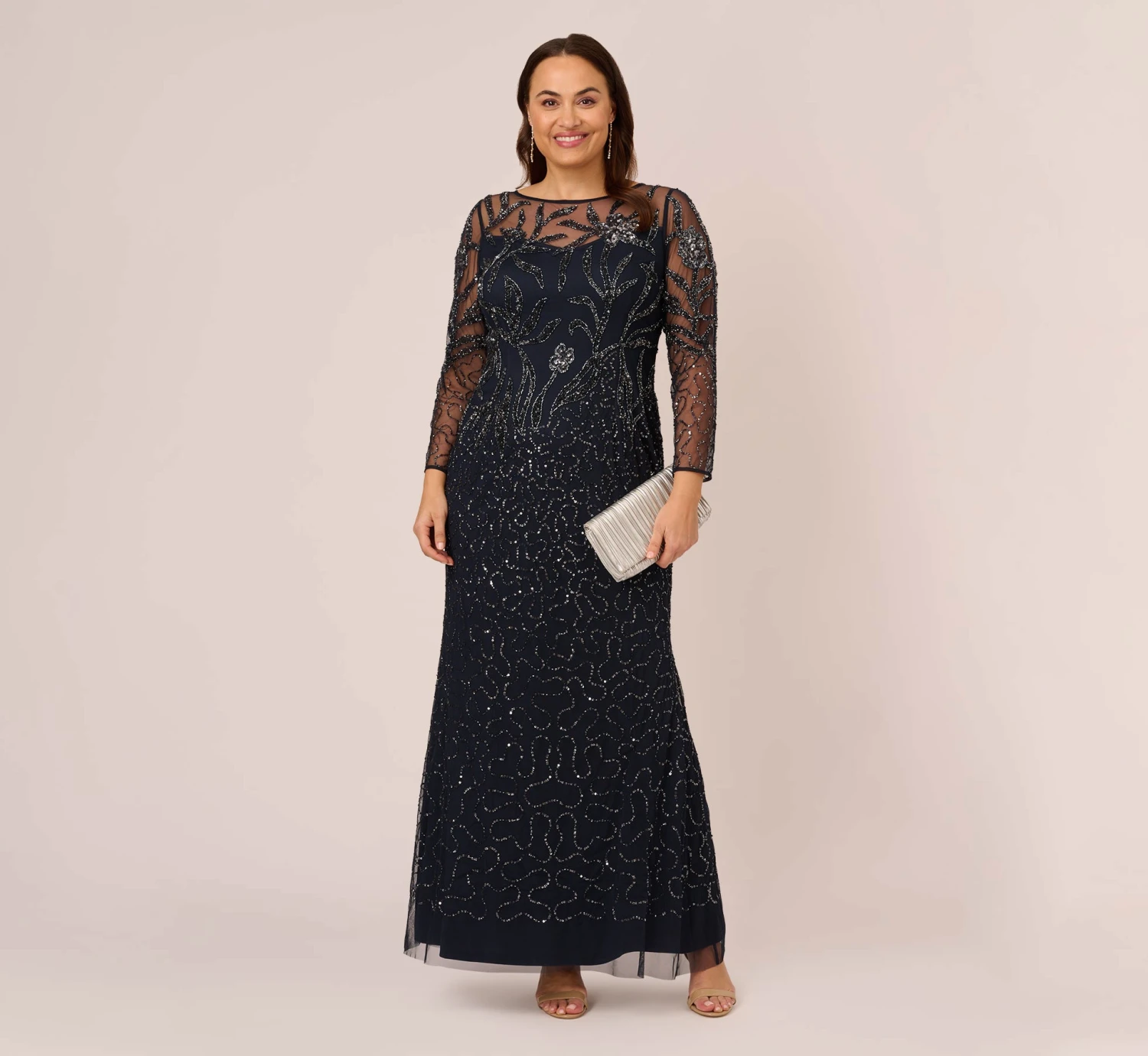 Adrianna Papell Plus Size Floral Beaded Dress With Sheer Long Sleeves In Midnight 2 Adrianna Papell Plus Size Floral Beaded Dress With Sheer Long Sleeves In Midnight - Image 2