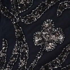 Adrianna Papell Floral Beaded Dress With Sheer Long Sleeves In Midnight 11 Adrianna Papell Floral Beaded Dress With Sheer Long Sleeves In Midnight -Glam Mirth Sales AP1E205390 AB411 Regular Alternate